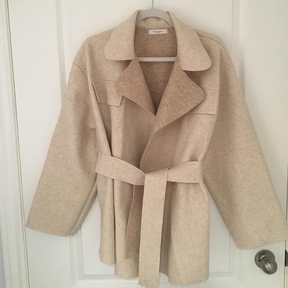 Coat: Women's Light Beige Oatmeal Wool Look Felt Belted Coat Jacket - Picture 2 of 12